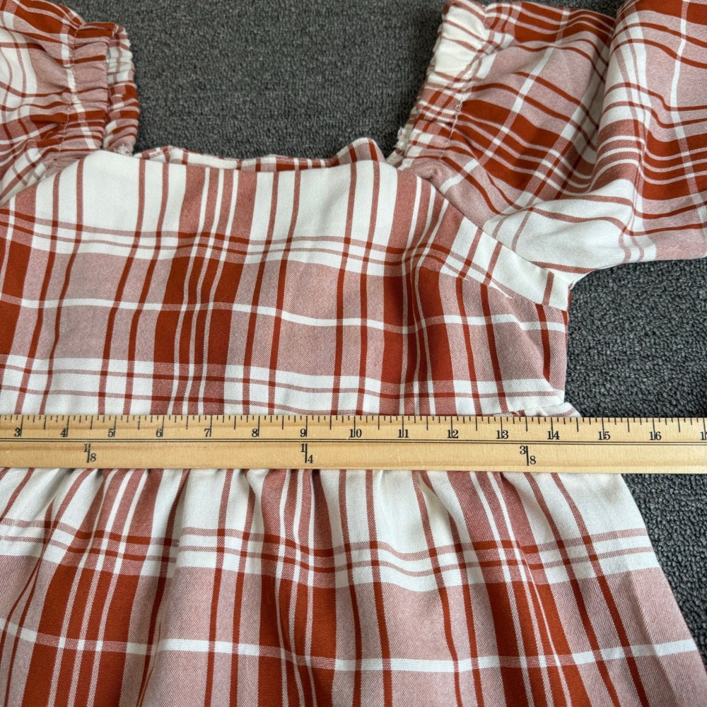 Monteau Los Angeles Plaid Babydoll Mini Dress Rust Orange Square Neck Small - Picture 6 of 9